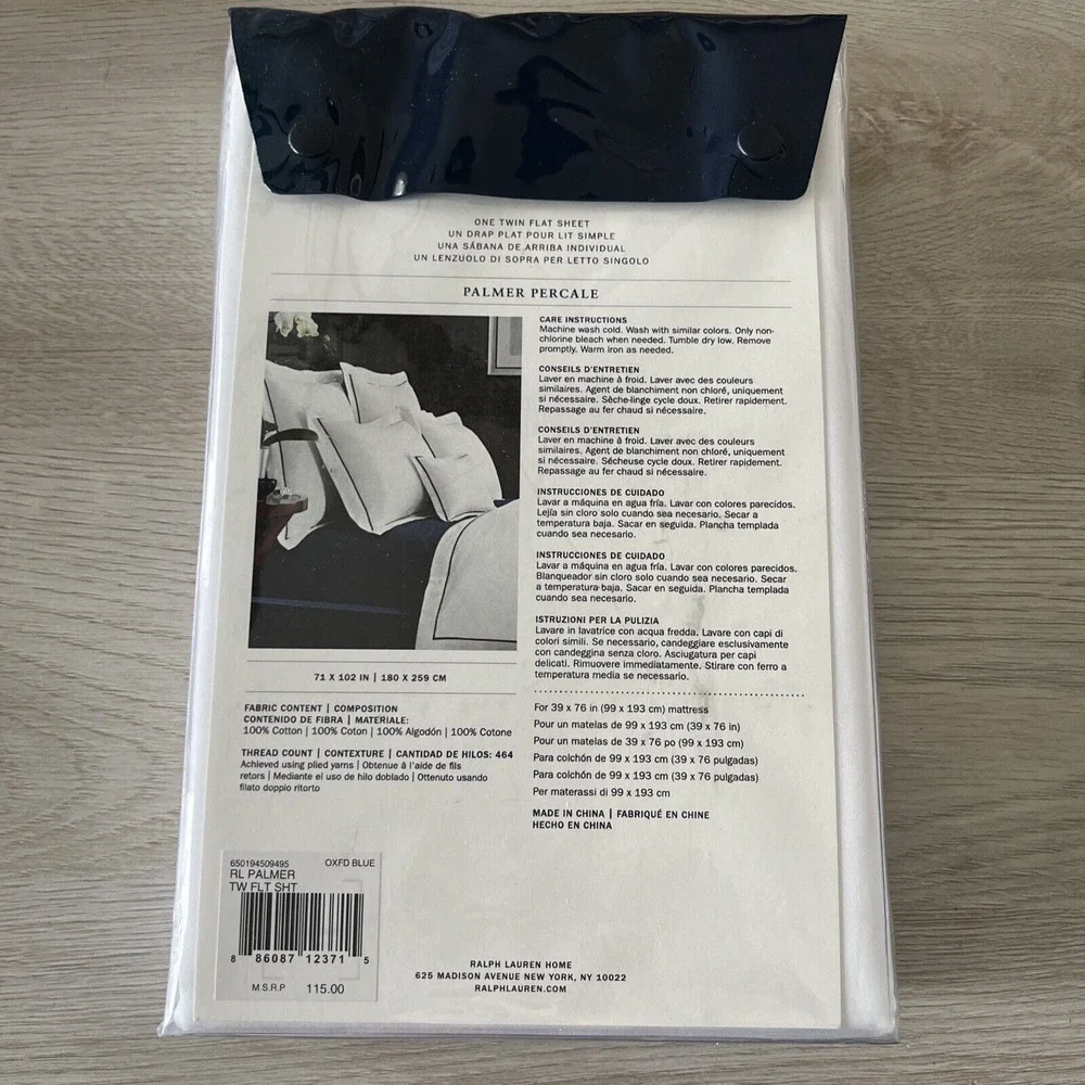 Ralph Lauren Palmer Home Bedding Flat Sheet Oxford Blue White TWIN‎